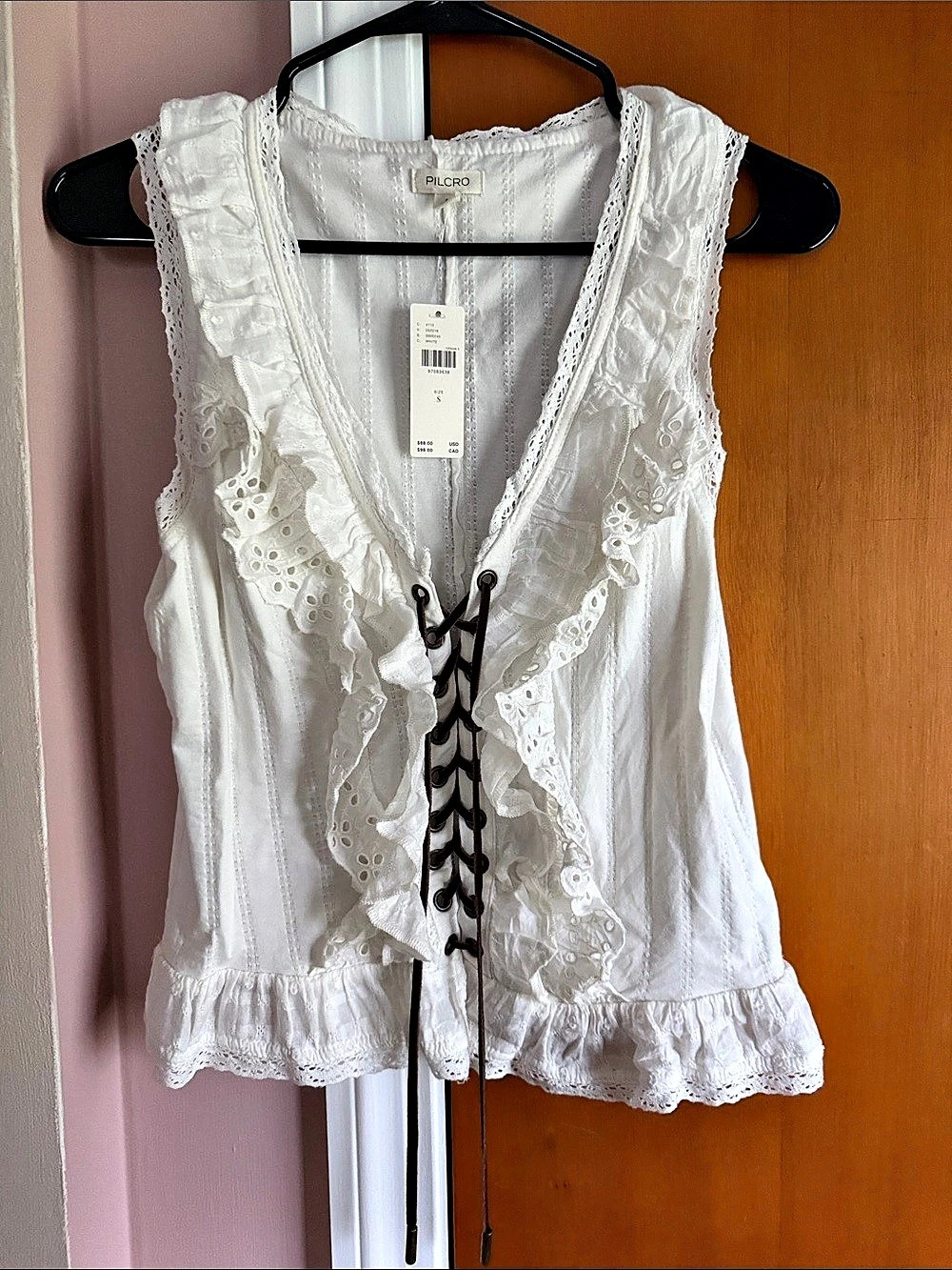 Pilcro Eyelet Ruffle Tank White Lace-Up Blouse Size Small